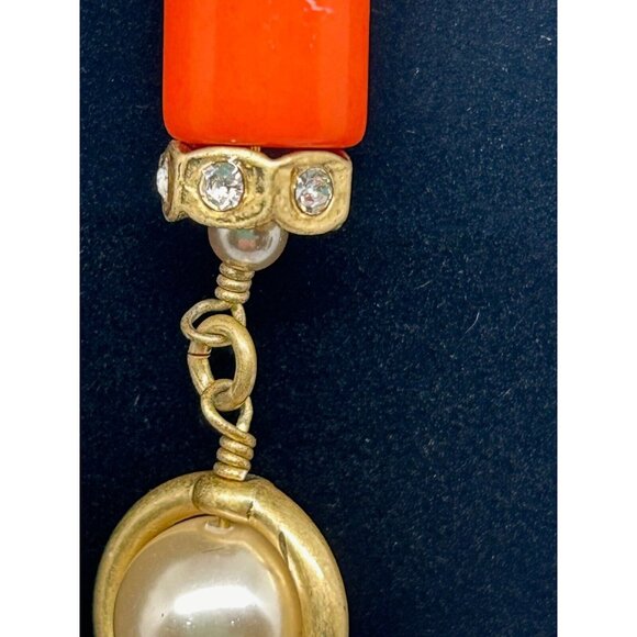 J Crew Necklace Orange Beads & Faux Pearl Rhinestone Brass Chain Preppy - Picture 7 of 8